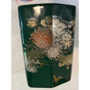 Vtg Toyo Jade Kiku Vase Green Diamond Shape Japanese Asian Art Floral Painted